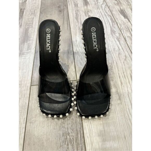 Delicacy dressy black slide on heels with diamonds size 7 1/2 - Picture 3 of 9